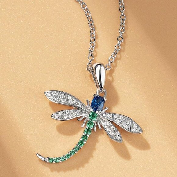 Stunning Blue and Green Dragonfly Necklace - Silver-Plated for Durability - Picture 4 of 6